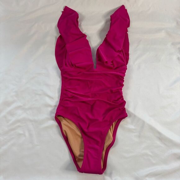 NWT J Crew Ruched Ruffle One Piece Swimsuit Pink Size 4 V Neck Barbie Bright - Picture 1 of 5